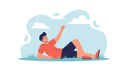 Young Man Relaxing Outdoors Gazing Upward at the Sky and White Clouds