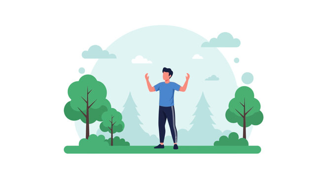 Young Man Performing Outdoor Stretching Exercise In A Park Landscape