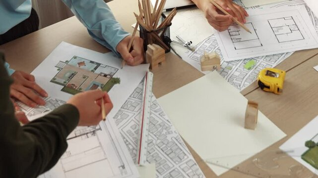 Smart architect and safety engineer discussion about building blueprint on table with architectural document, measurement tools and wooden block scatter around at modern office. Closeup. Delineation.