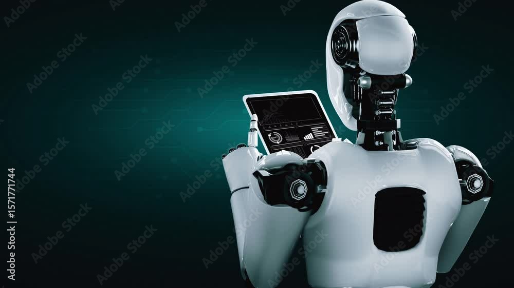 Poster robot hominoid using tablet computer in concept of ai thinking brain , artificial intelligence and m