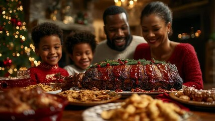 Joyful Family Gathering Around a Festive Christmas Dinner Table for Celebration