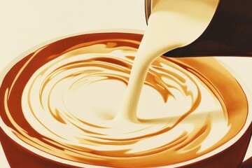 Cream being poured into a cup, creating a swirling pattern and a rich, creamy texture.