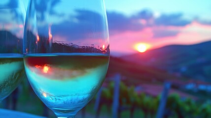 Enjoying wine at sunset over a vineyard in a tranquil landscape setting