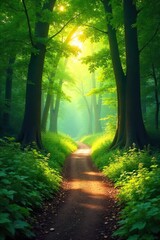 Fototapeta premium Magical Sunlit Forest Path Winding Trail Through Lush Green Foliage, Dappled Sunlight, Summer Nature Scene