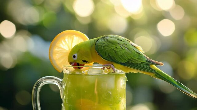A parrot sipping a lemon drink in a sunny garden.