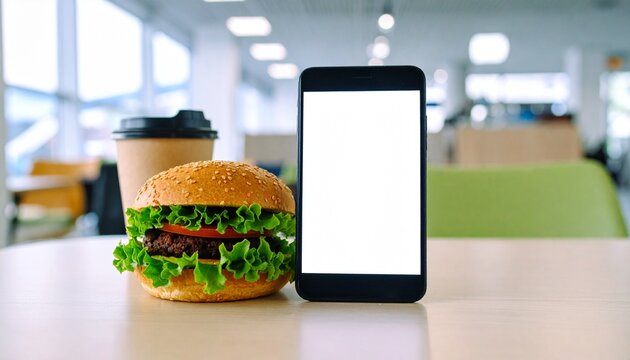 A juicy burger, smartphone, and hot drink are perfectly arranged on a table, creating a modern and mouthwatering fast food ad concept with vibrant appeal and product focus.