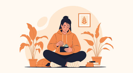 Young Woman Manages Personal Finances And Budgeting At Home In Cozy Atmosphere