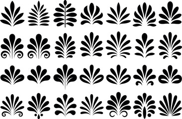 A collection of twenty seven black floral and leaf design elements arranged in rows on white background


