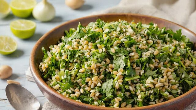 Traditional tabbouleh salad with herbs, bulgur and lemon, served in ceramic bowl closeup 