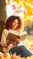 Obraz premium Hübsche junge Frau mit Style sitzt im Herbst im Park und liest ein Buch 