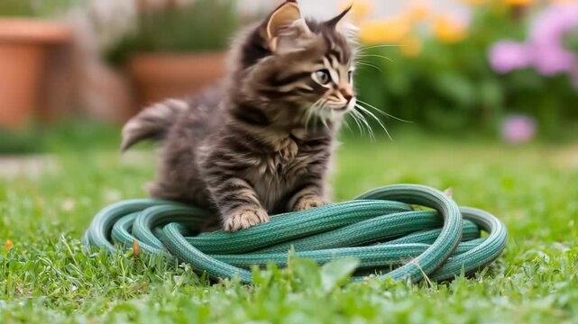 A fluffy kitten playing on a coiled garden hose outdoors.