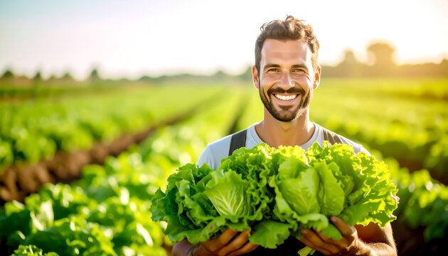 Landwirt mit Salat frisch von der Ernte 