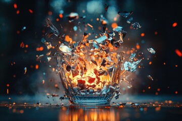 A glass bowl shatters into fragments, illuminated by a fiery glow, against a dark, blurred background. Dramatic and impactful visual.