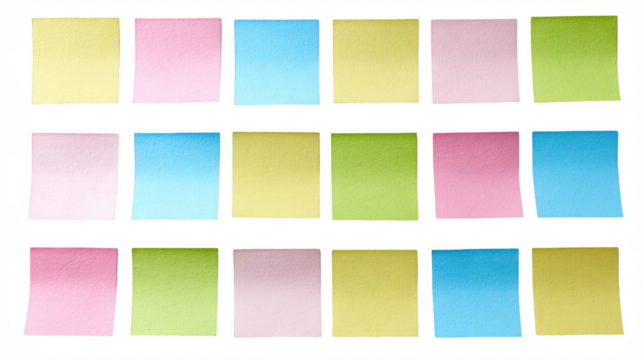 Arrangement of eighteen colorful sticky notes in rows on a black background - Powered by Adobe