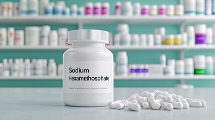 Close-up of Sodium Hexameth phosphate bottle with capsules scattered on a table, surrounded by a pharmacy backdrop.
