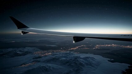 Breathtaking view from an airplane wing displaying sparkling city lights along the coastline during a serene nighttime flight. Stars twinkle in the clear sky above the landscape - Powered by Adobe