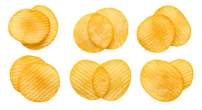 A close-up of assorted potato chips arranged in a creative layout, showcasing their texture and crispiness, ideal for snack promotion