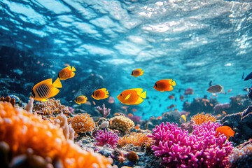 Fototapeta premium Colorful coral reef teeming with lively fish in a vibrant underwater world