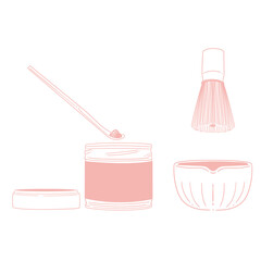 Matcha tea illustration set. Original hand-drawn green tea illustrations featuring matcha brewing utensils, a bamboo whisk, and a Japanese matcha tea brush—perfect for posters, cards, and cafes.