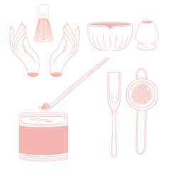 Matcha tea illustration set. Original hand-drawn green tea illustrations featuring matcha brewing utensils, a bamboo whisk, and a Japanese matcha tea brush—perfect for posters, cards, and cafes.