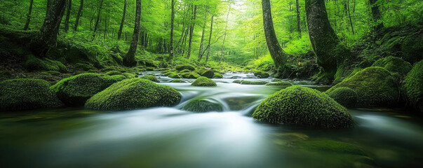 A stream flows through a lush green forest with moss covered rocks and tall trees in the background