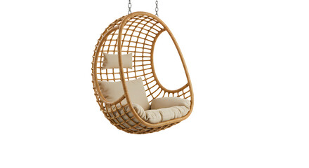 Obraz premium A cozy hanging rattan chair with soft cushions, ideal for relaxation in a serene outdoor garden setting