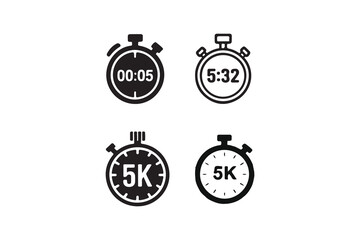 Set of Black and White Stopwatch Icons Showing Different Times.Four simple, black and white stopwatch icons displaying various time measurements.