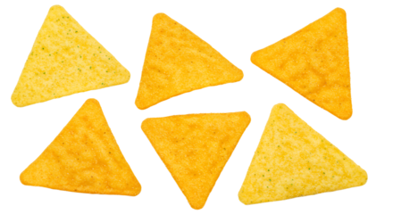 A close-up view of six triangular tortilla chips arranged in a random pattern on a plain background, ideal for snack-related content