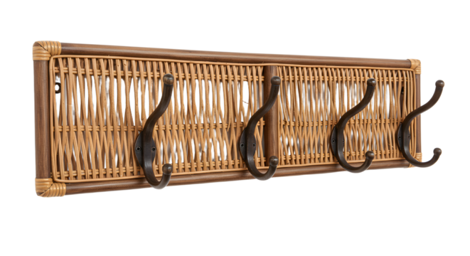 A decorative wall-mounted coat rack featuring woven design and metal hooks, ideal for organizing outerwear in a stylish entryway