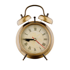 alarm clock, vintage clock with time 8 hours 45 minutes, a.m. 8:45, p.m. 8:45, on isolated white background close-up