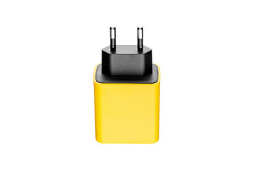 adapter for charger with USB and Type C connector, yellow, on isolated or white background close-up