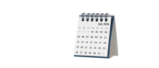 Desktop calendar for July 2026 in white colour. Mini planner for business and finance, spiral view on isolated white background close up.