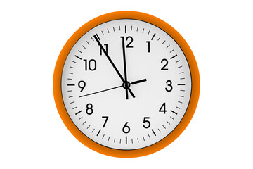 Orange watch, wall clock 11 hours 45 minutes on isolated or white background close up