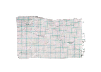 A crumpled torn checkered paper on a white background enhances art projects. Its textured surface inspires unique sketches and creative designs.