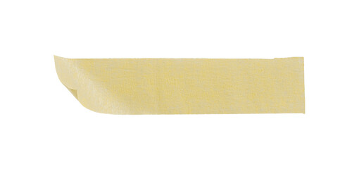 Yellow painter's tape isolated on white background, macro. Torn, crumpled, twisted strips of yellow painter's tape on white background, close-up.