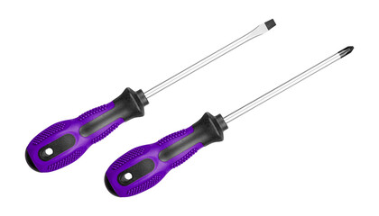 Two screwdrivers, flat and Phillips, are designed for construction work. Their durable handles ensure efficiency in tough environments Purple color on isolated white background close-up