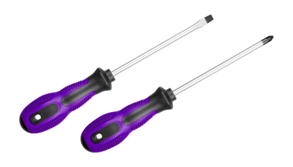Two screwdrivers, flat and Phillips, are designed for construction work. Their durable handles ensure efficiency in tough environments Purple color on isolated white background close-up