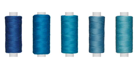 A colorful thread mesh in blue, cyan, light blue shines on a white background. Ideal for crafting, sewing, or design projects.