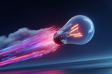 Dynamic glowing light bulb flying swiftly with vibrant neon trails against dark background symbolizing innovation and fast ideas