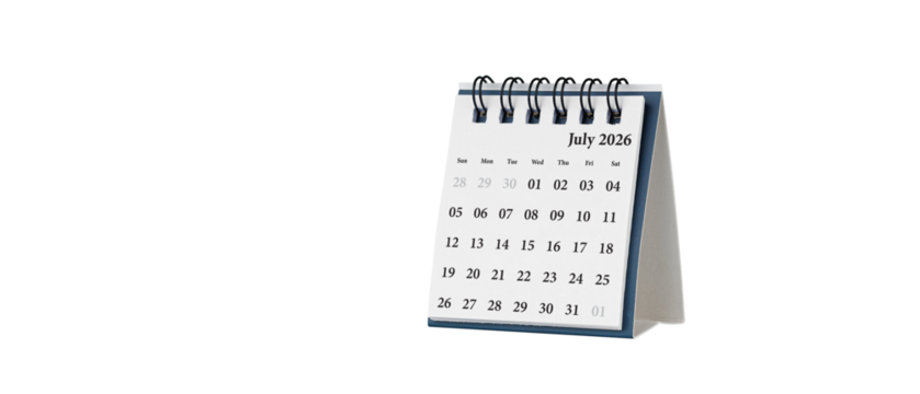 Desktop calendar for July 2026 in white colour. Mini planner for business and finance, spiral view on isolated white background close up.
