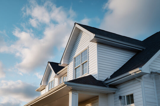 Modern white house exterior with sharp roof angles under a bright blue sky with scattered clouds