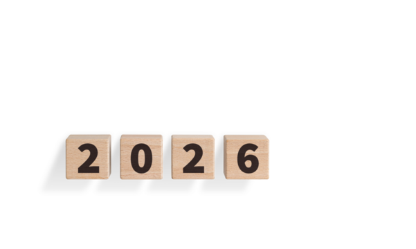 Wooden blocks with "2026" text on a white background are ideal for New Year decor. Their rustic charm adds a warm touch to festive or planning designs.