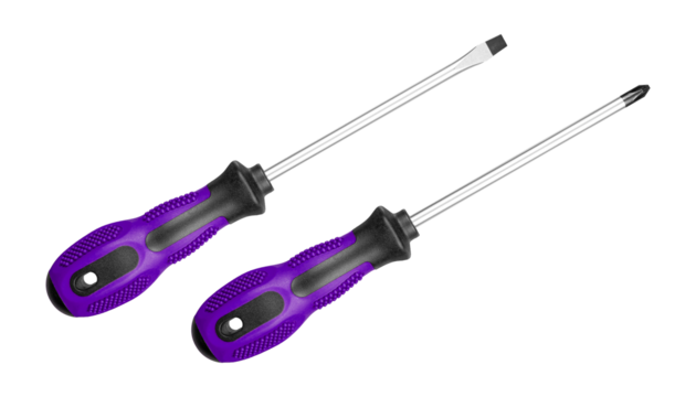 Two screwdrivers, flat and Phillips, are designed for construction work. Their durable handles ensure efficiency in tough environments Purple color on isolated white background close-up