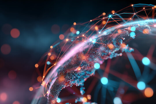 Abstract digital globe with interconnected glowing nodes and data points representing global network and technology