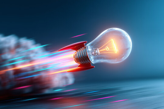 Creative concept of a glowing light bulb rocket symbolizing fast innovation and bright ideas in technology and business