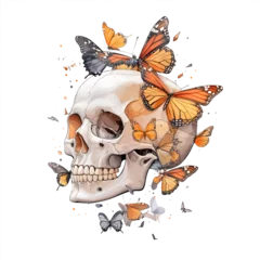 Photo sur Plexiglas Skull with Monarch Butterflies Watercolor Vector – Symbolic Tattoo Style for Apparel and Prints
