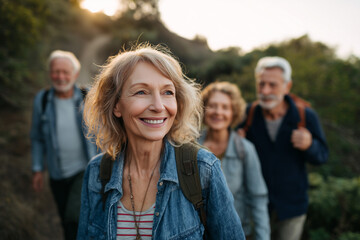 Happy senior friends hiking outdoors enjoying nature and companionship on a sunny day