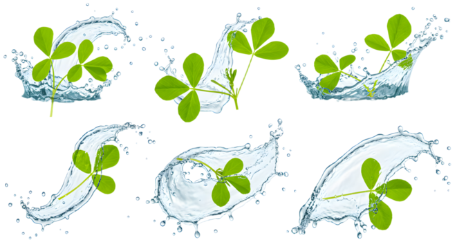 A dynamic splash of water featuring vibrant green clover leaves, symbolizing freshness and nature, ideal for eco-friendly themes