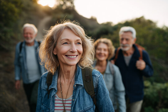 Happy senior friends hiking outdoors enjoying nature and companionship on a sunny day