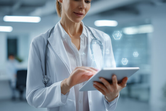Female doctor using a digital tablet with futuristic medical icons in a modern healthcare setting